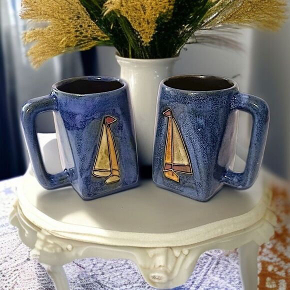 2 Mara Mexico Sailboat Mugs Cups Handmade Pottery Coastal Beach House Nautical - Picture 12 of 16